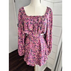Free People Dress Womens S Petite Pink Floral Square Neck Ruched Boho Mini